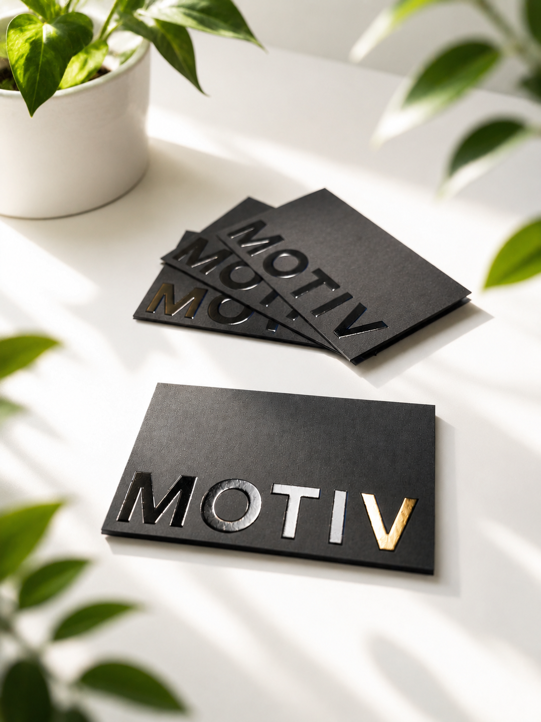 Black cards with cut-out letters spelling 'MOTIV', some with gold accents, placed on a white surface near green plants.