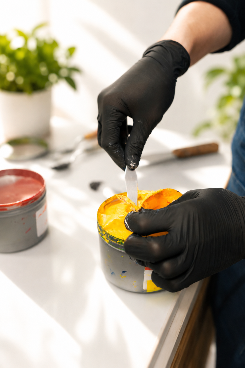 Person wearing black gloves scraping paint from a metal can with a putty knife in a workspace with art supplies and plants in the background.