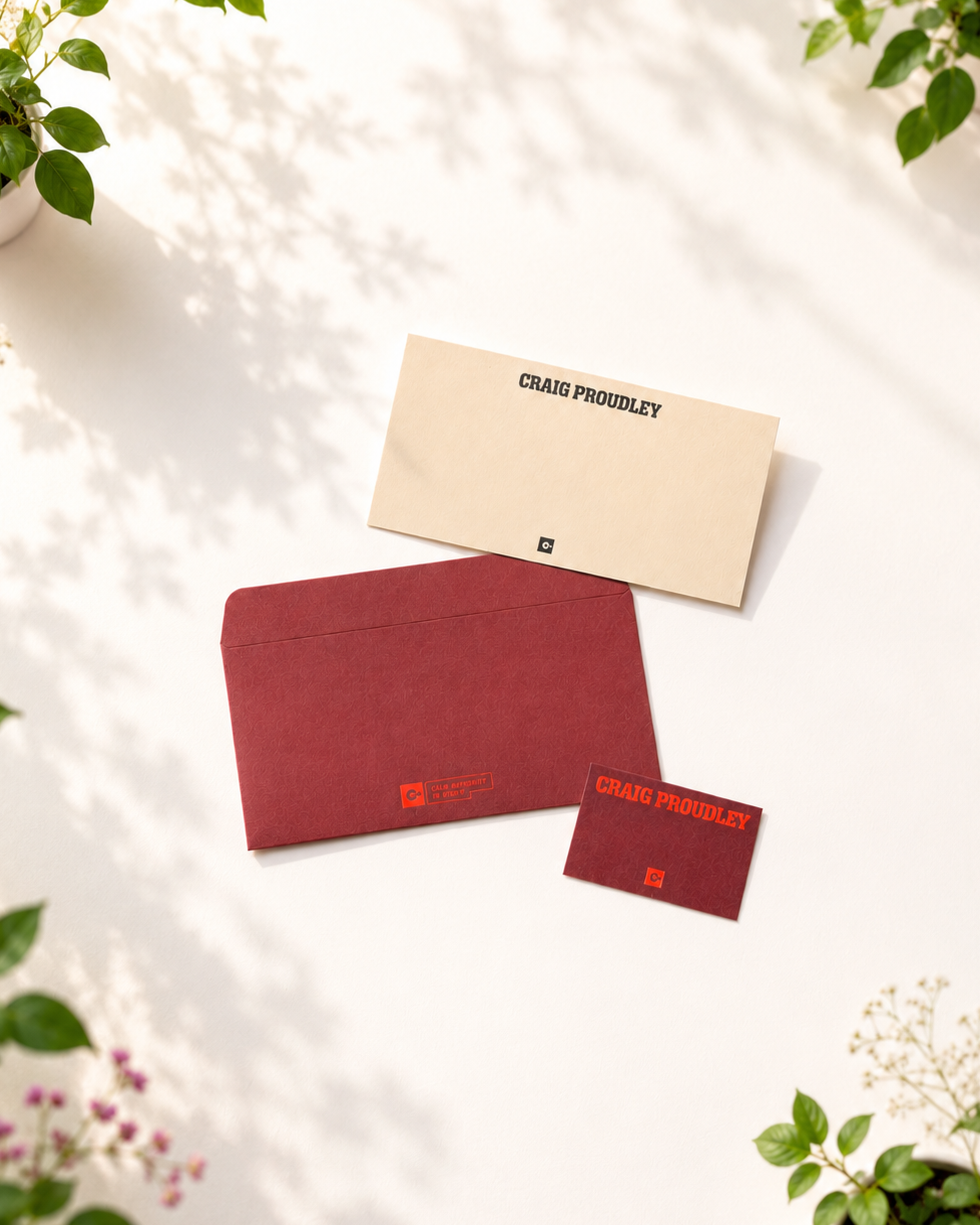 A white surface with shadows of plants, holding an off-white business card with the name 'Craig Proudley,' a red envelope, and a red 'Craig Proudley' business card.