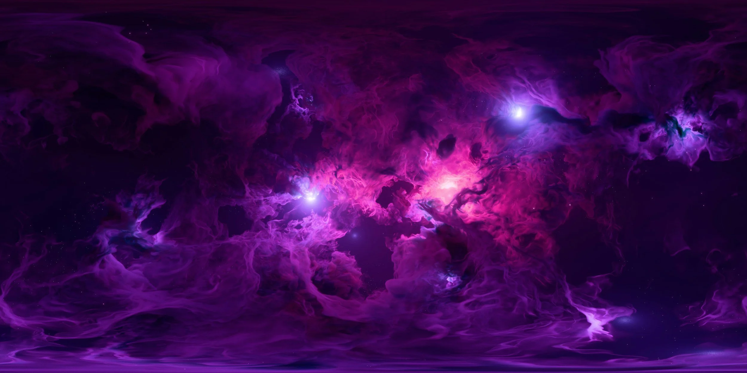 A vibrant image of deep space with swirling purple and pink nebula clouds, bright star-like points of light, and cosmic gas and dust.