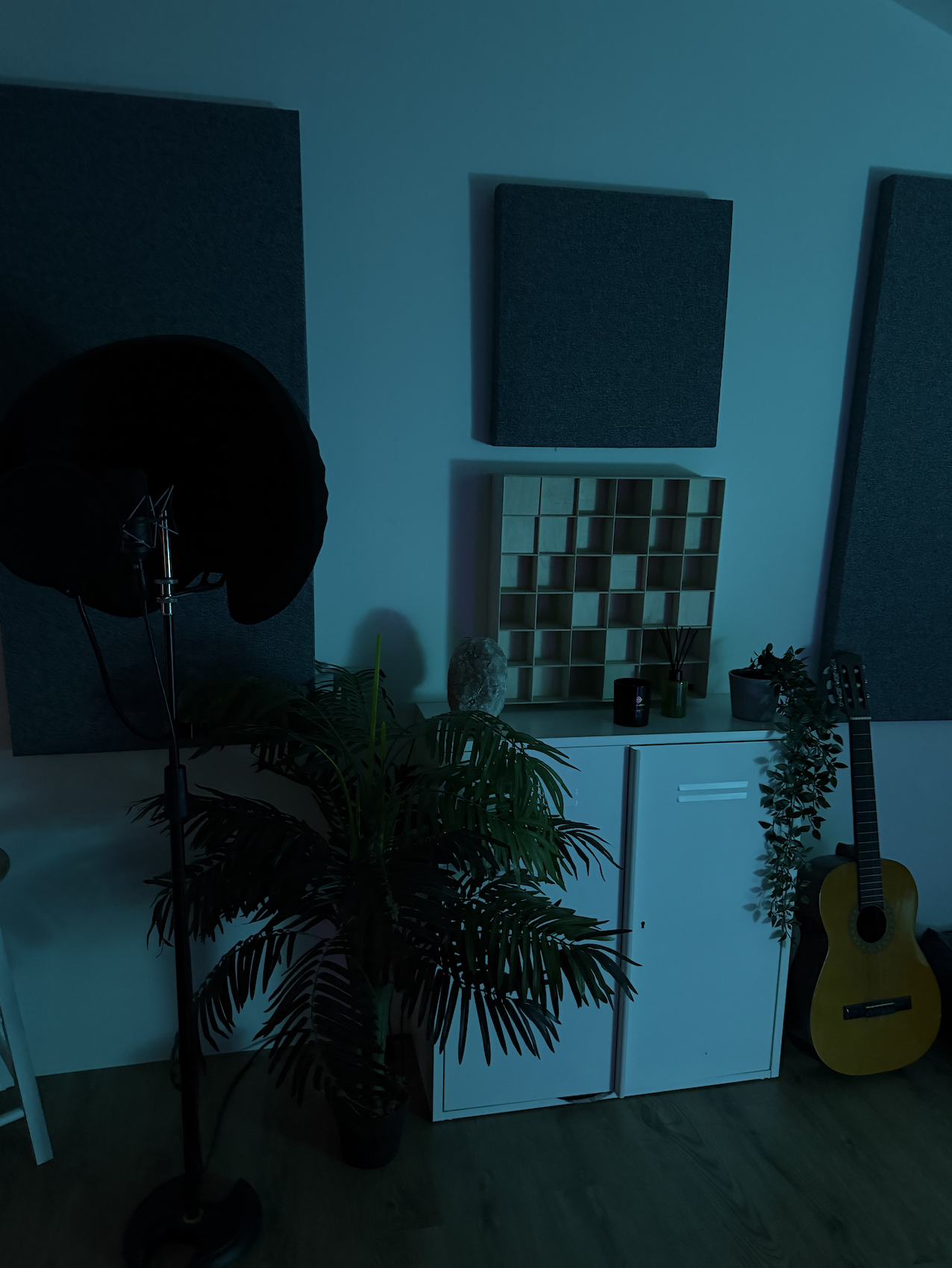 A music studio corner with a microphone on a stand, acoustic wall panels, a small white cabinet, a decorative wooden shelf, plants, candles, an acoustic guitar, and a window with closed blinds.
