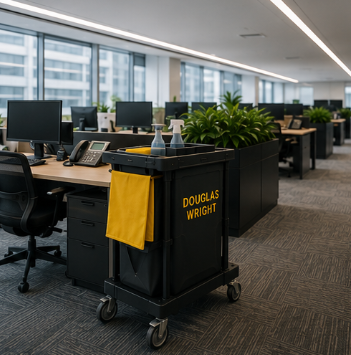Douglas Wright Cleaners in a Sydney Office with their cleaning cart and equipment