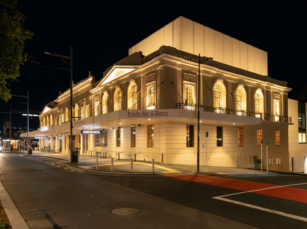 A well-lit historic building at night with arched windows, signage indicating a pub, bar, and bistro, and an entrance for the Hamilton Hotel, located on a quiet street with streetlights and a bicycle lane.