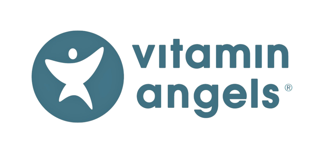The logo features a stylized human figure inside a blue circle, with the words "vitamin angels" in lowercase blue letters to the right of the circle.