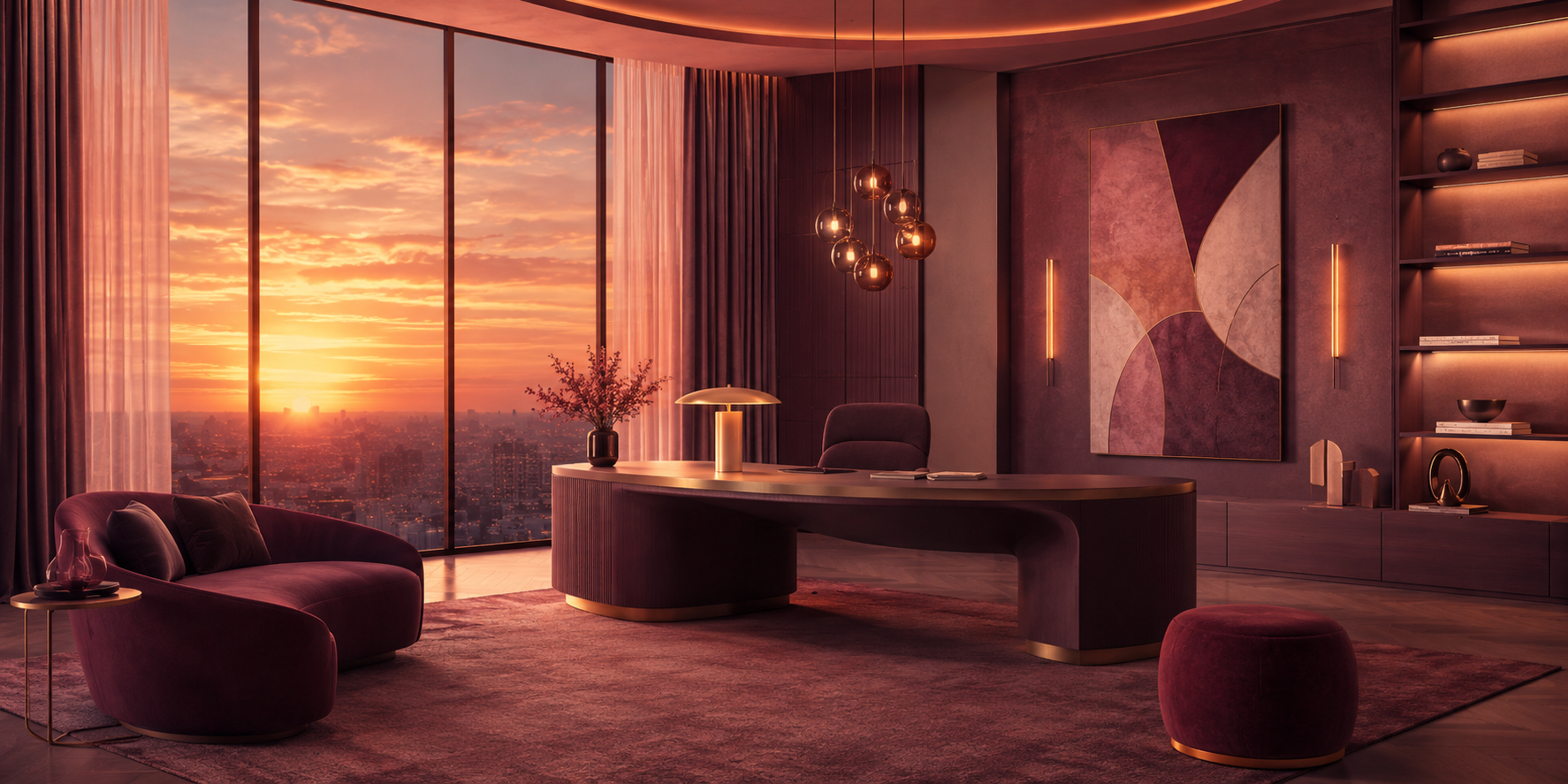 Modern office with large floor-to-ceiling windows showing a city skyline at sunset, pink and purple decor, desk with chairs, abstract art on the wall, and decorative lighting.