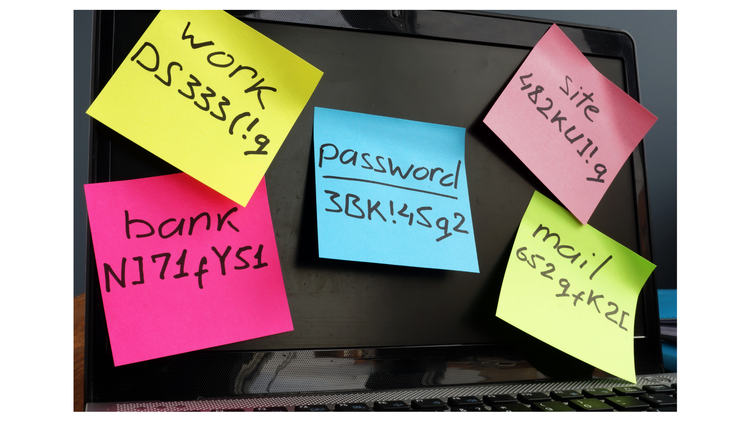 Sticky notes with different passwords placed around a laptop, representing password reuse, insecure credential storage, and the need for better password management at startups.