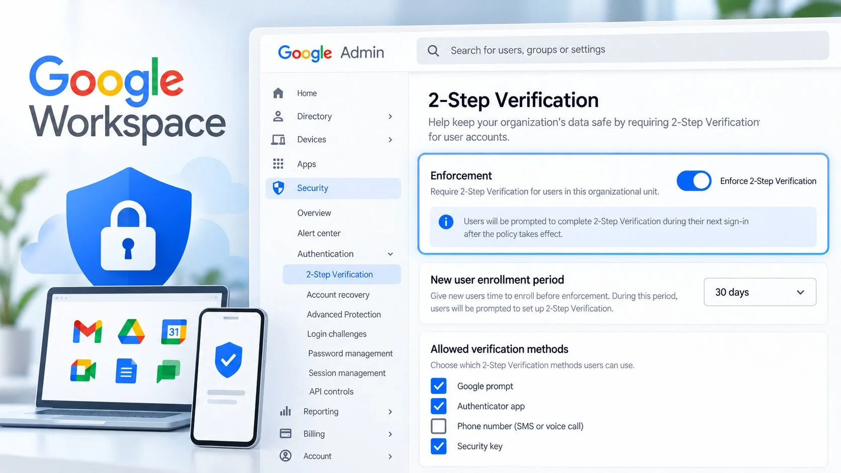 Google Workspace Admin console showing 2-Step Verification enforcement and enrollment settings.