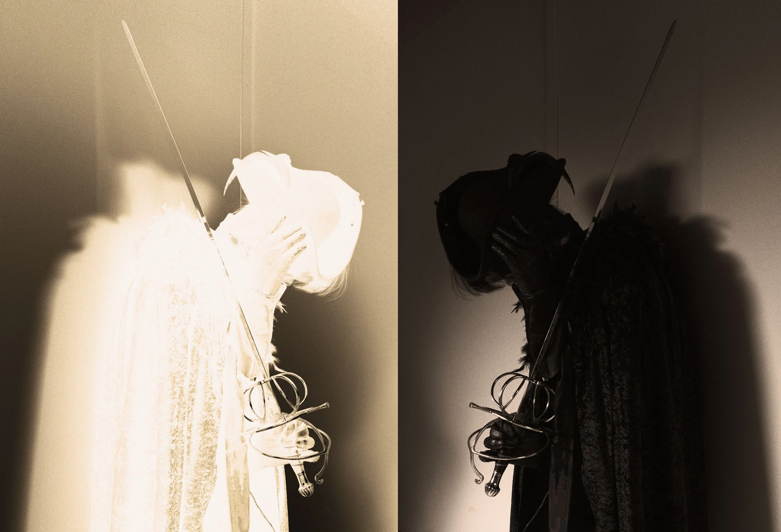 A split image of two versions of the same person, one in high contrast with bright whites and dark shadows, and the other in low contrast with muted colors. The person is wearing a hat and holding a wire sculpture.