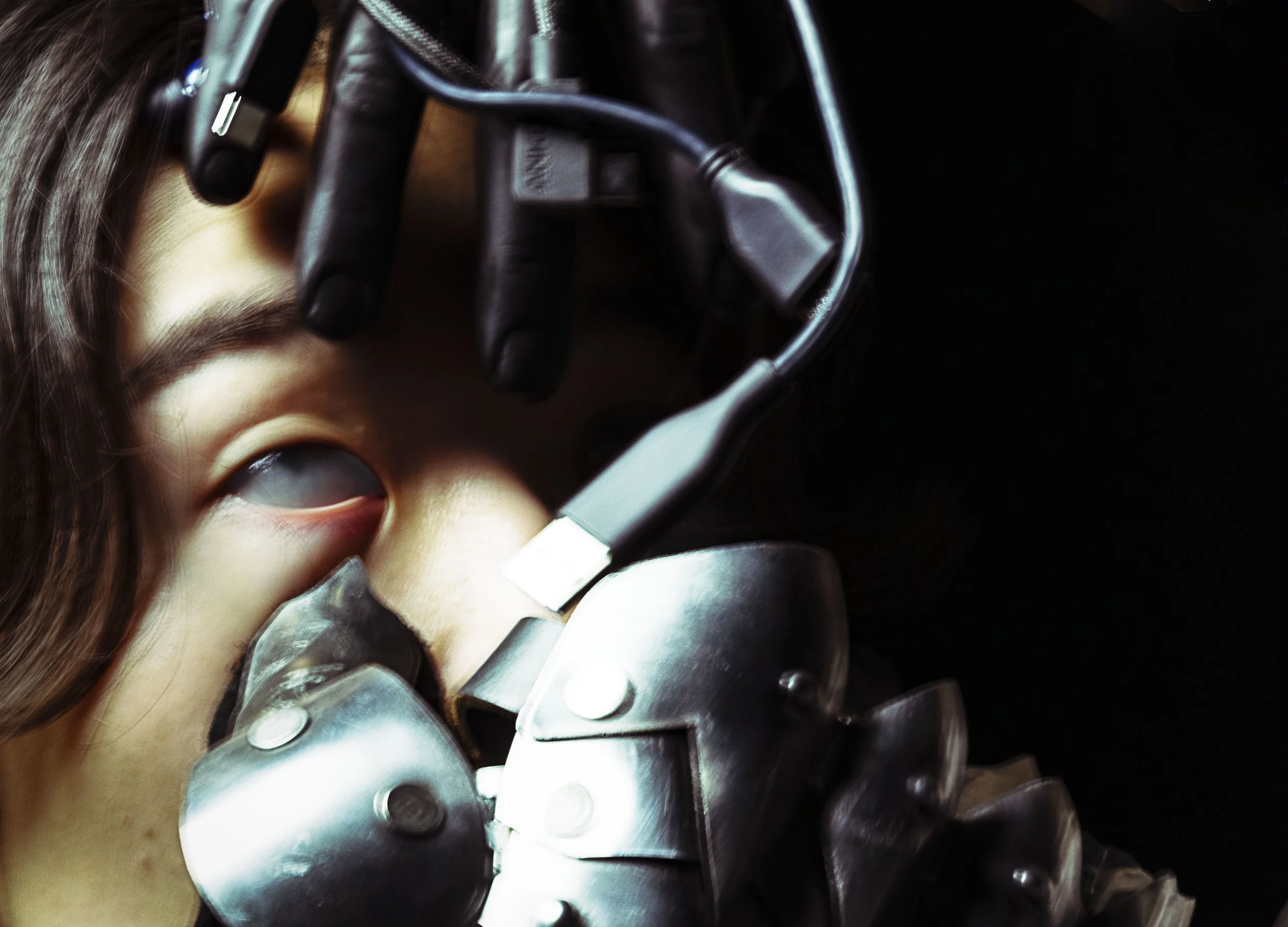 Close-up of a woman with long brown hair wearing a virtual reality headset with metallic elements, in a dark background.