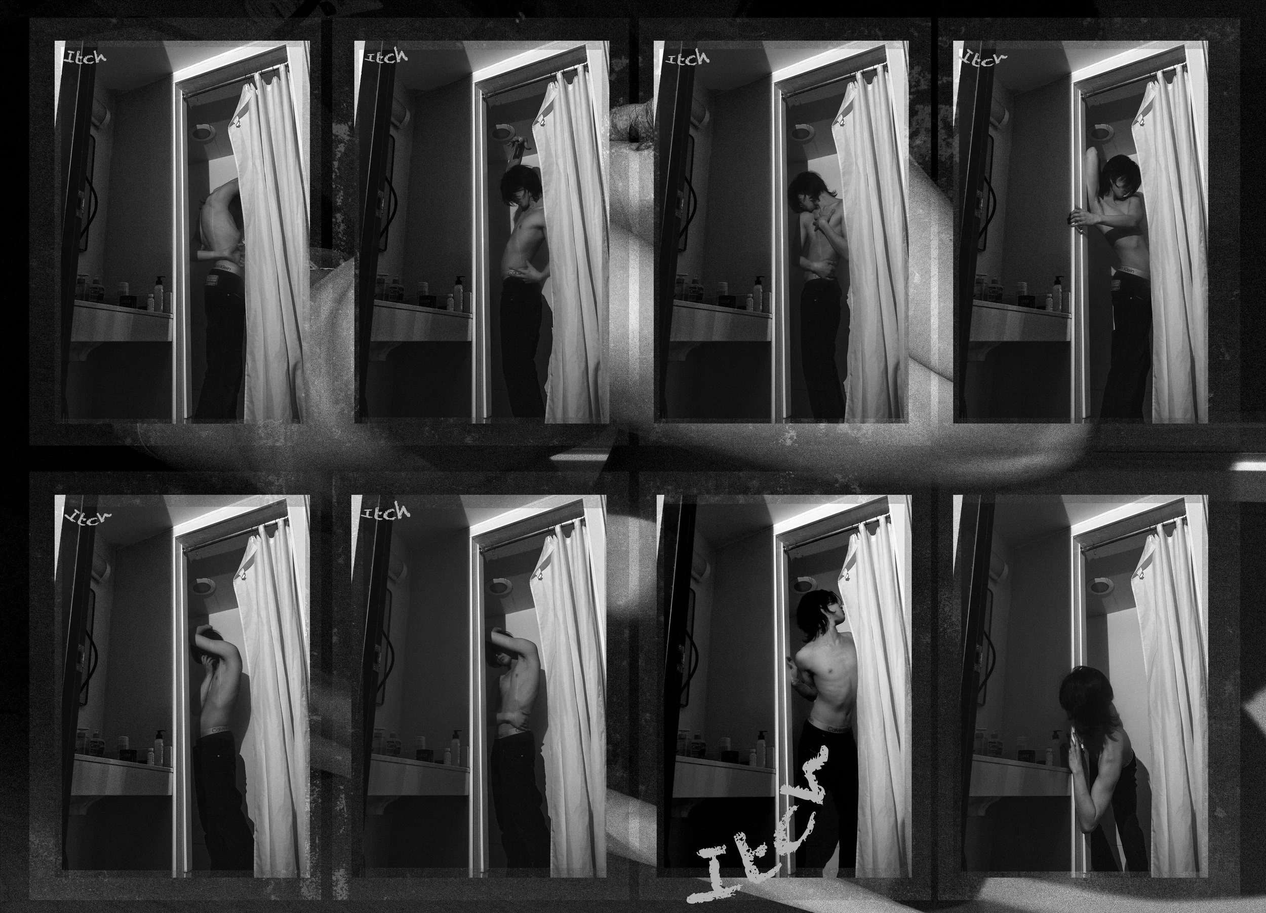A photo collage of a woman in a shower stall, with some images showing her topless and others showing her from the waist up. The images are in black and white and appear to be candid.