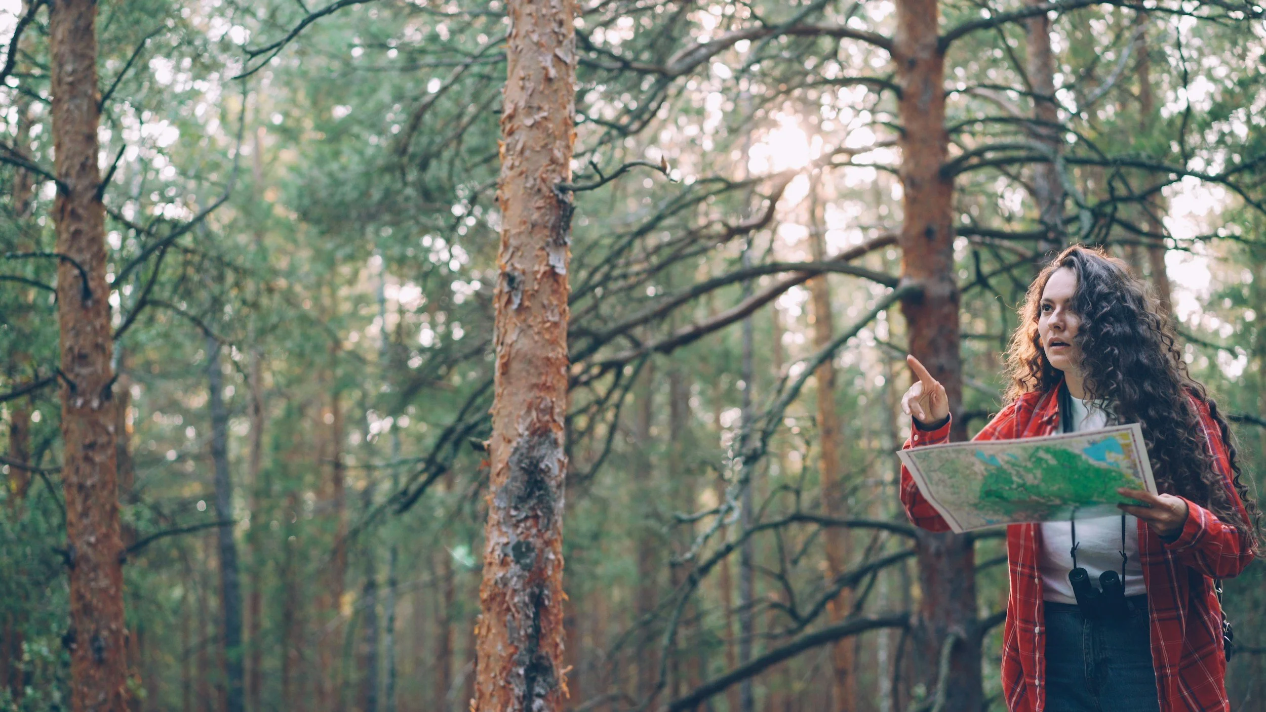 A woman with curly hair wearing a red plaid shirt holding a map and pointing in a forest with tall trees and sunlight filtering through the leaves.