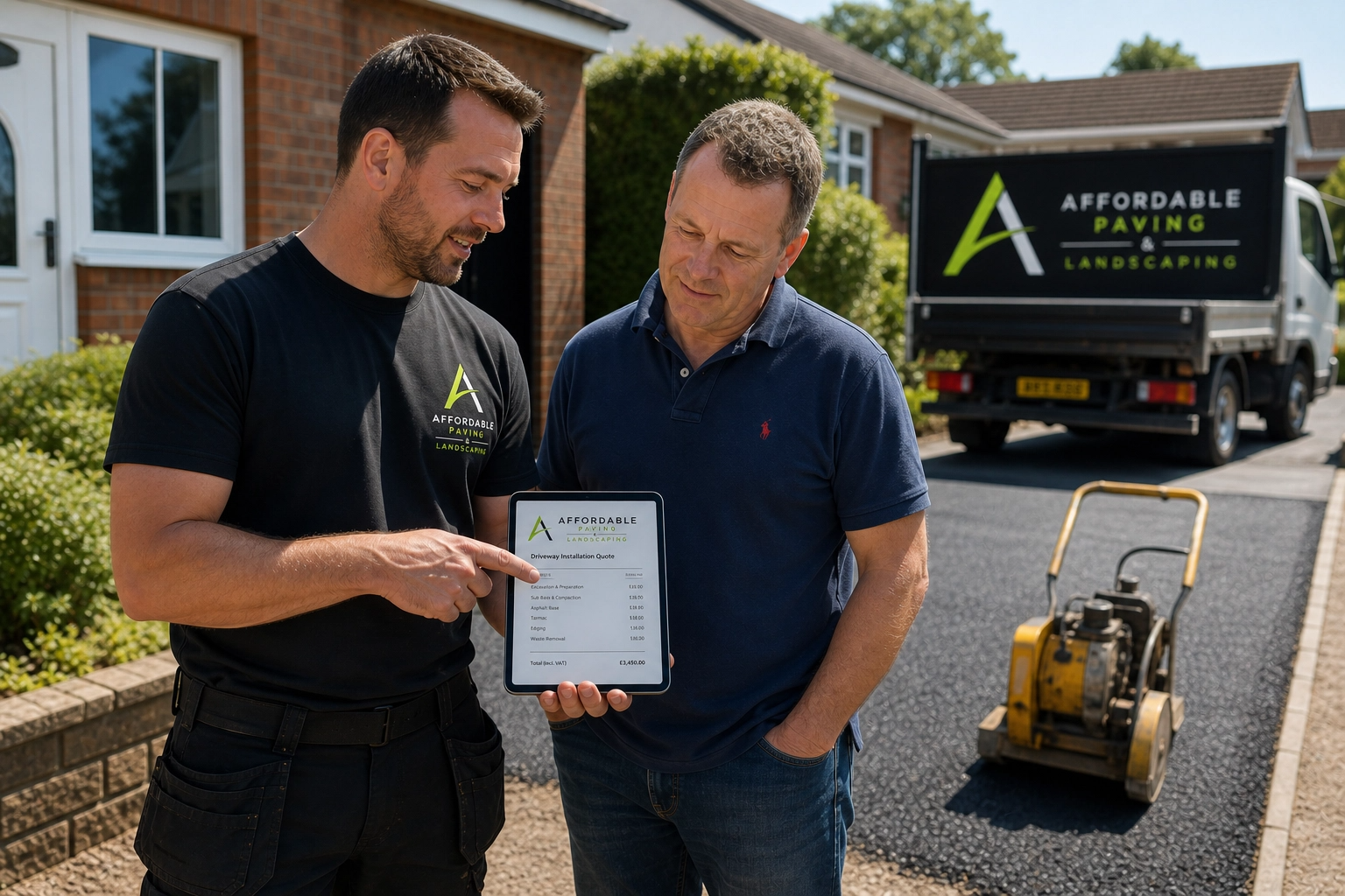 Two men discussing a paving project outdoors, one holding a tablet showing a quote, with a paving truck in the background.