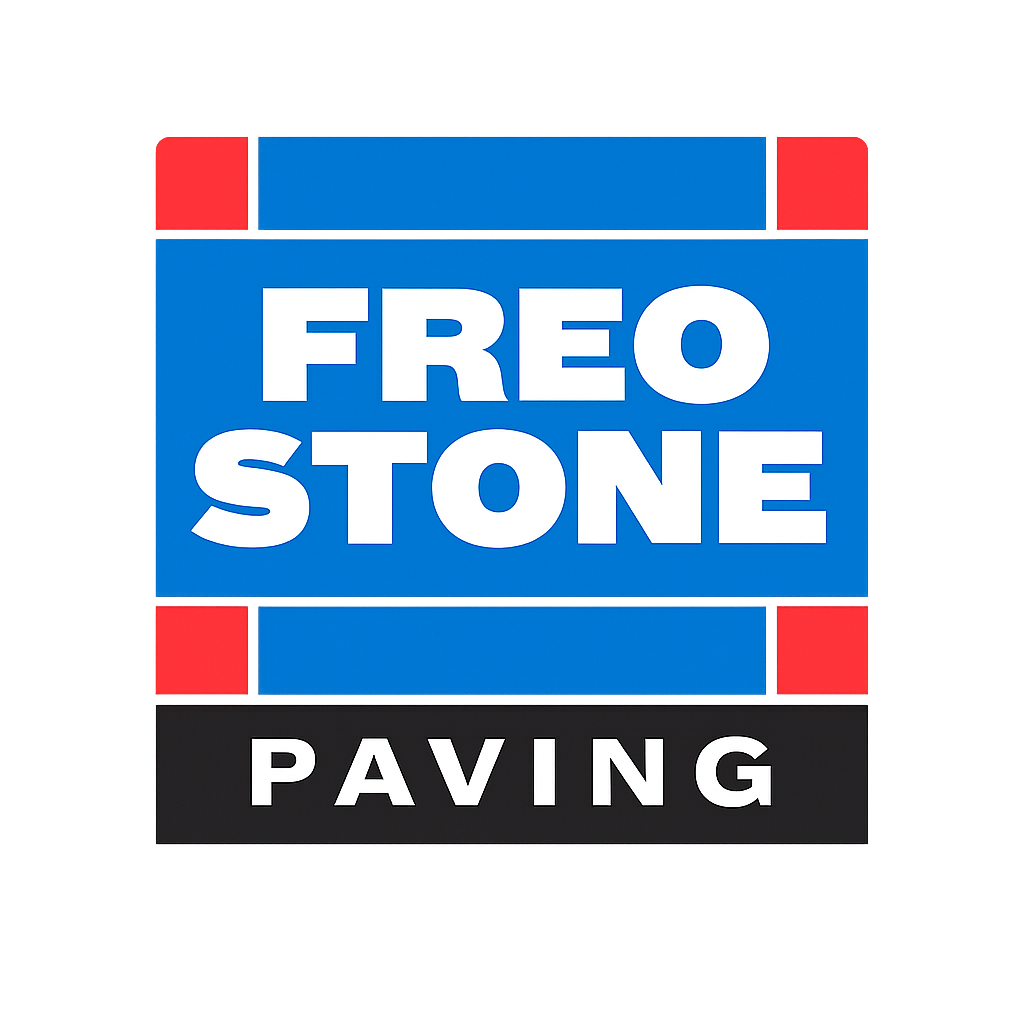 Digital sign for Freo Stone Paving with blue background and red accents, displaying the company name and service