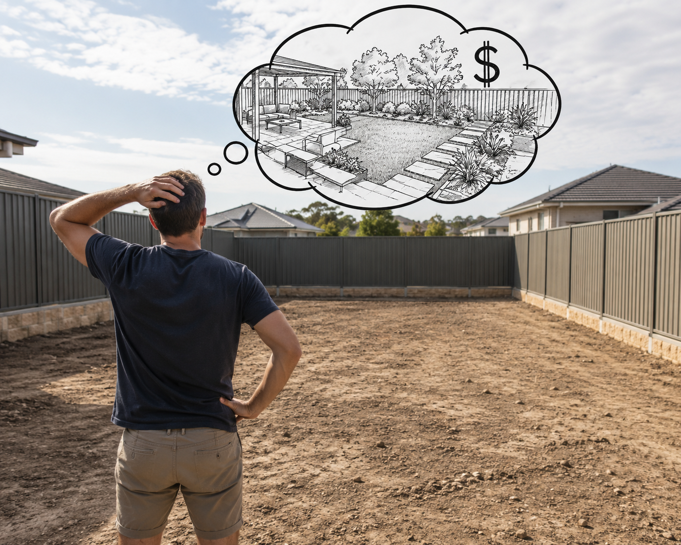 Man standing in an empty backyard, looking at a thought bubble with a sketch of a landscaped backyard with patio furniture, stepping stones, plants, trees, and a fence.