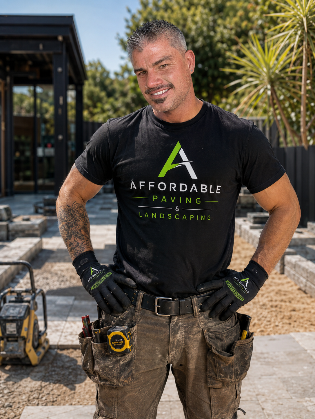 Man in black T-shirt with company logo, standing with hands on hips at a landscaping site with tools nearby.