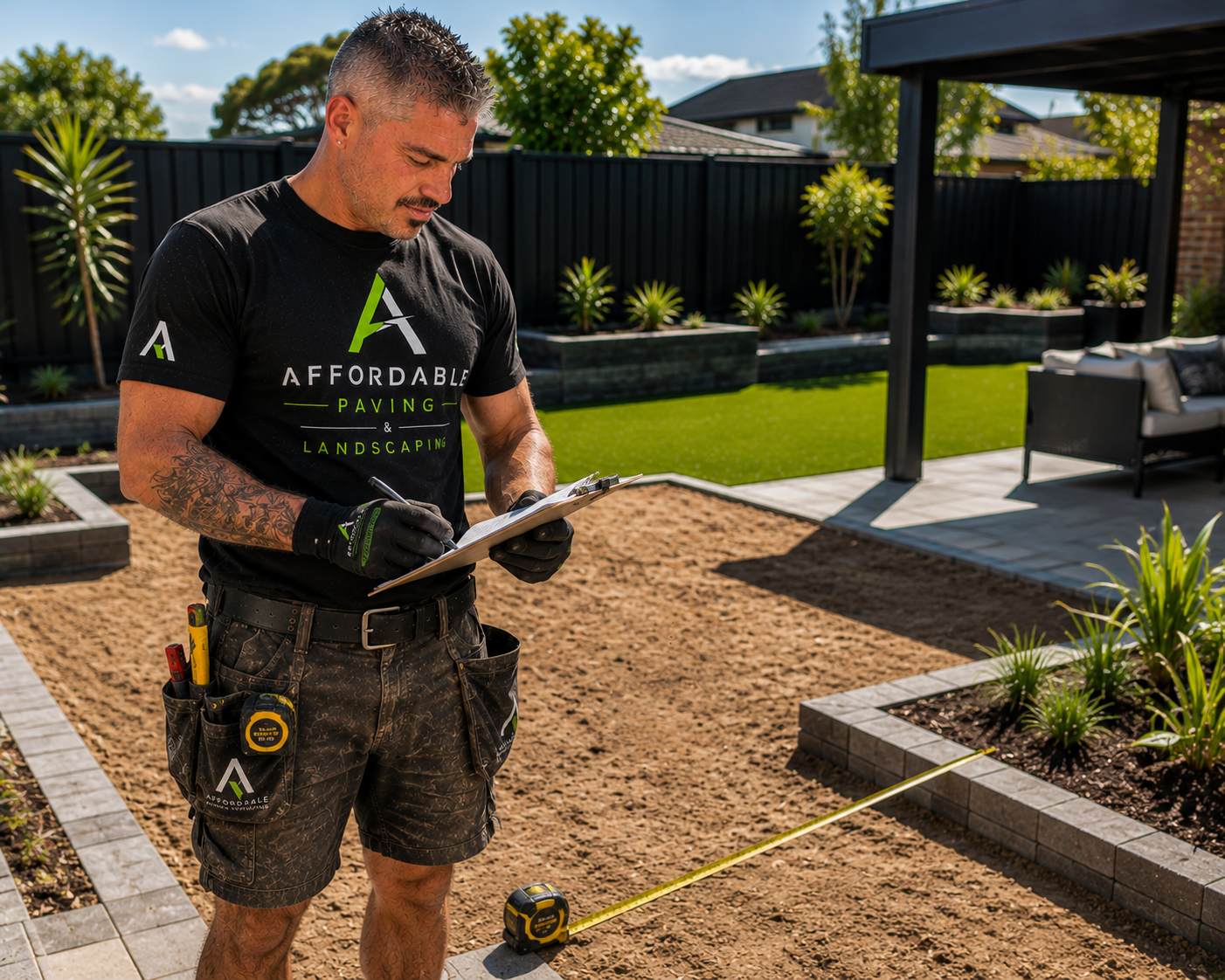 A man in a black t-shirt with green lettering, construction tools in his pocket, is measuring and inspecting a backyard landscaping project during the daytime. The yard features neatly arranged planting beds, a small green turf area, and outdoor seating under a gazebo.