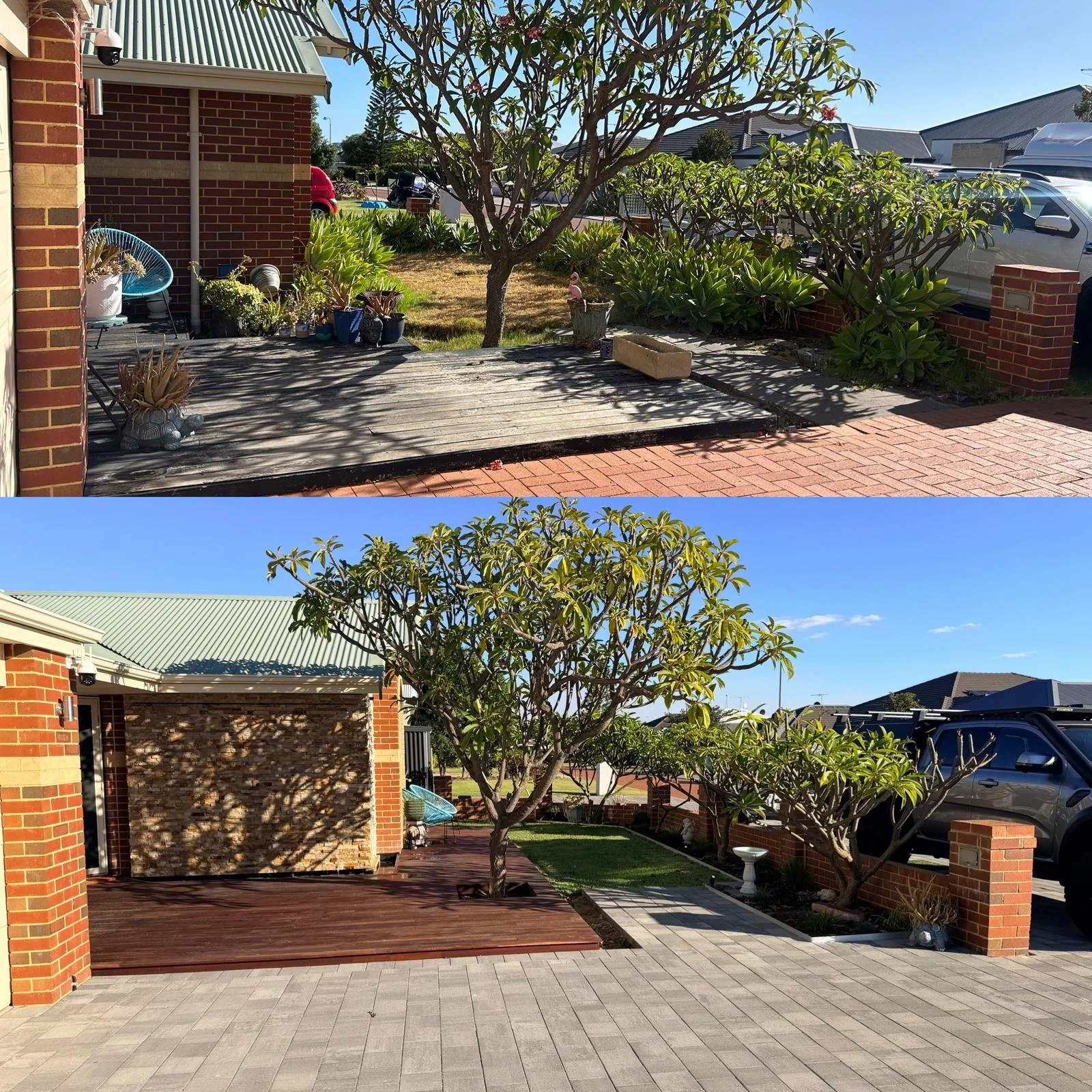 Two images of a backyard with trees, bushes, a brick house wall, a deck, a small garden bed, and a paved patio area with a parking lot visible in the background.