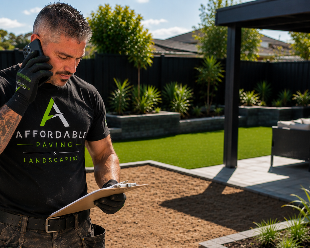 Man talking on his phone while holding a clipboard in his backyard garden, which has a patio, a lawn, and various plants.