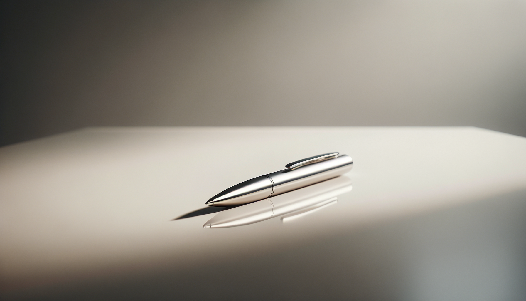 A silver ballpoint pen resting on a reflective white surface with a blurred neutral background.