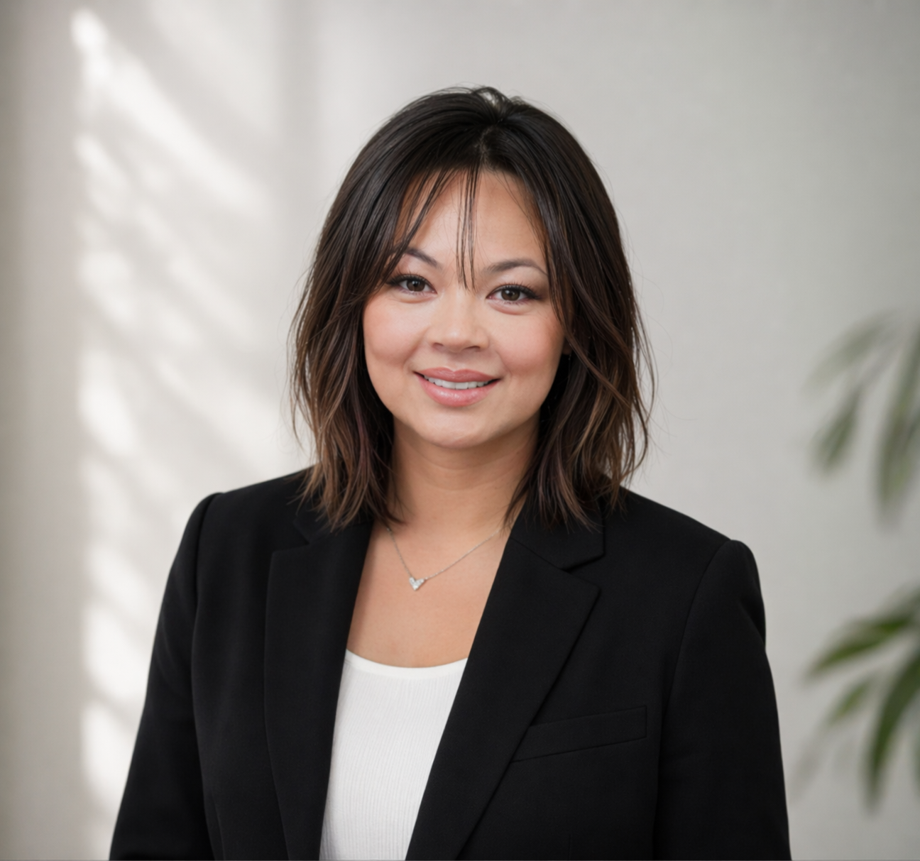 A woman with shoulder-length wavy dark hair, wearing a black blazer and a white top, smiling at the camera with a neutral background and some plant foliage visible.