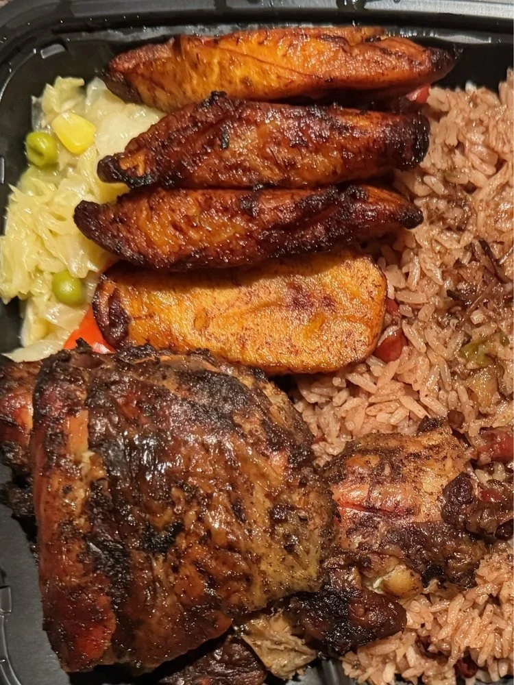 Barbecue chicken leg quarter, grilled chicken wings, roasted sweet potato, broccoli casserole with peas, and seasoned brown rice.