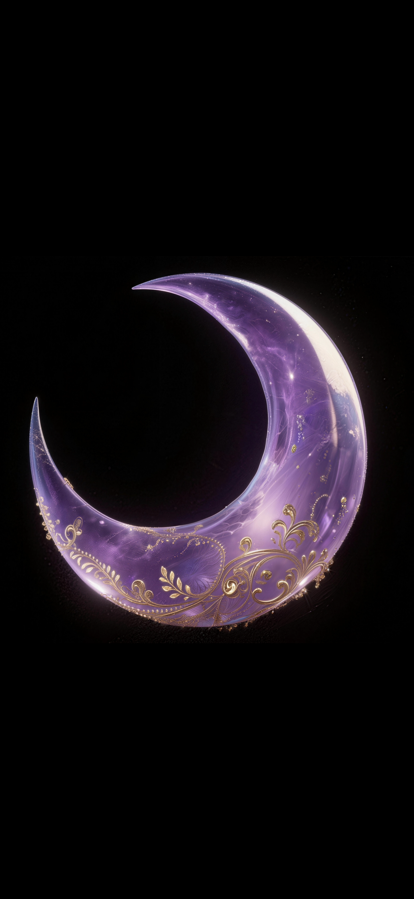 A glowing purple crescent moon with gold floral patterns and sparkles against a black background.