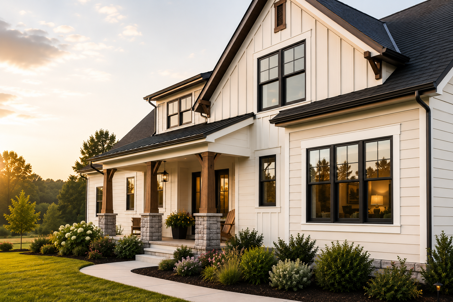 Front view of a modern white house with black window frames and a porch with wooden columns, surrounded by a well-maintained lawn and landscaped garden, during sunset.