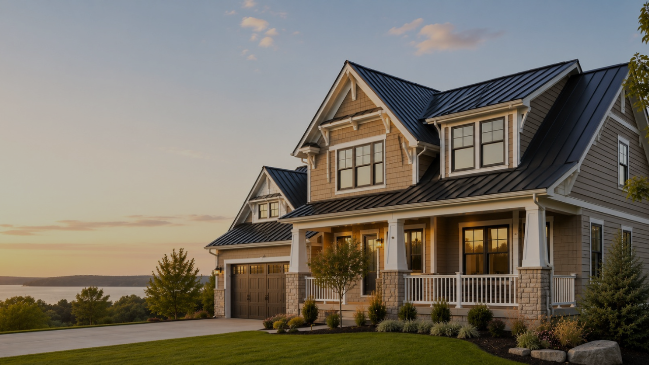 A large, two-story house with a dark metal roof, brown siding, and a front porch with white railings, surrounded by a well-manicured lawn and landscape, at sunset.