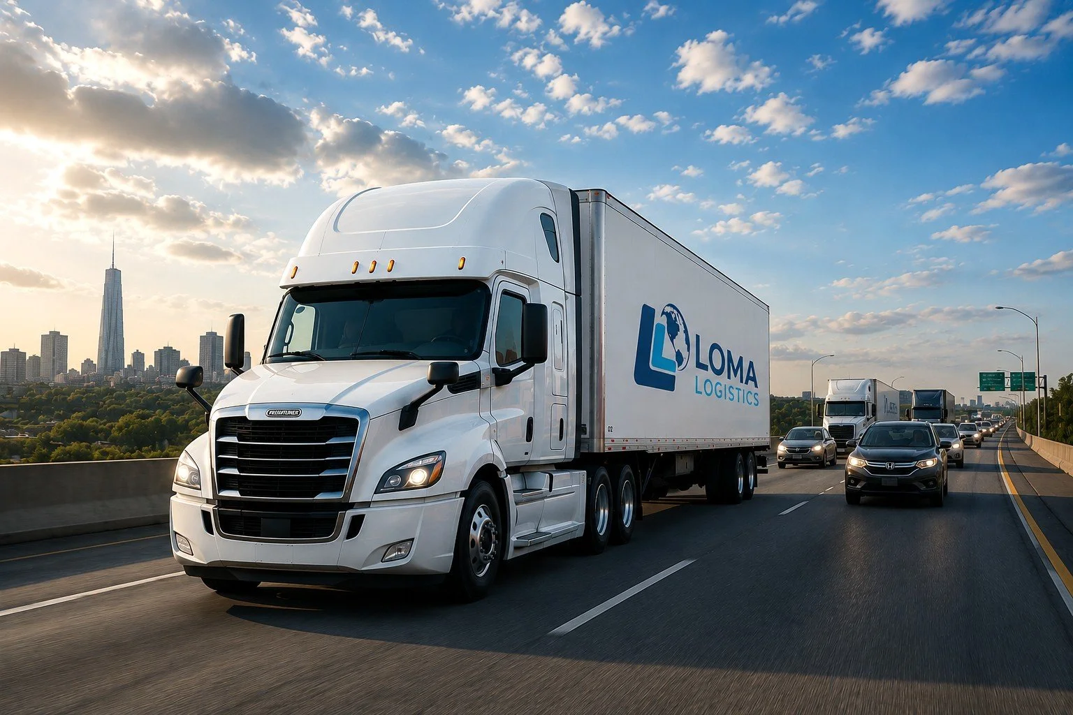 A white Loma Logistics semi-truck driving on a highway with multiple cars in the right lanes, city skyline with high-rise buildings in the background, partly cloudy sky, and the setting or rising sun illuminating the scene.