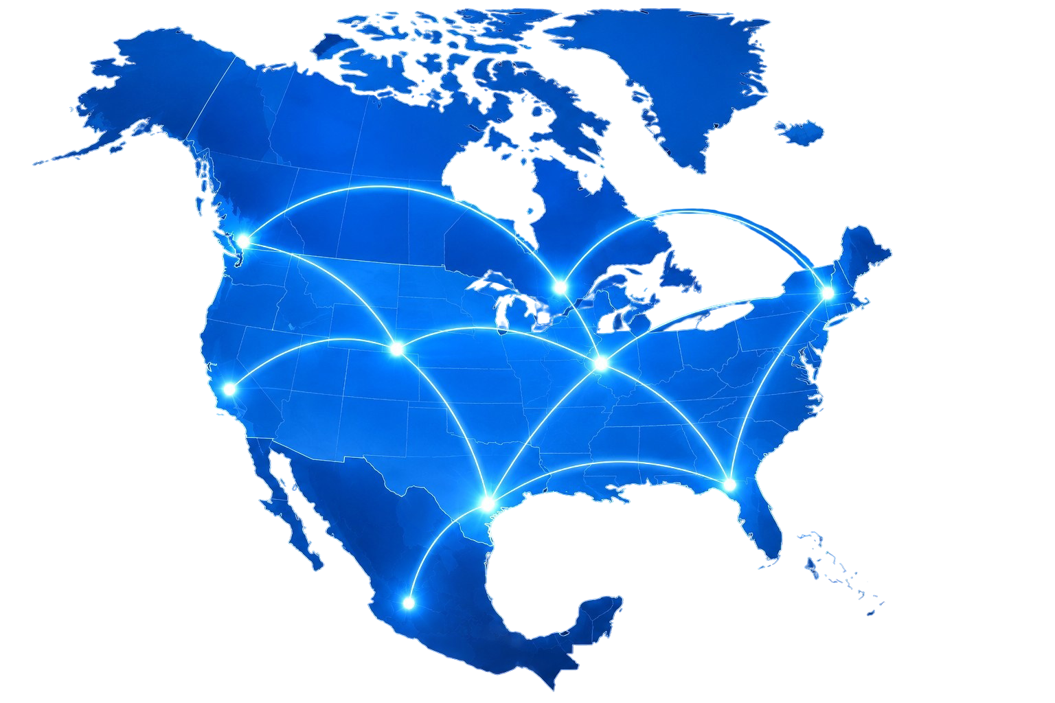 A digital map of North America with interconnected glowing points representing a network of connections across the United States, Canada, and Mexico.