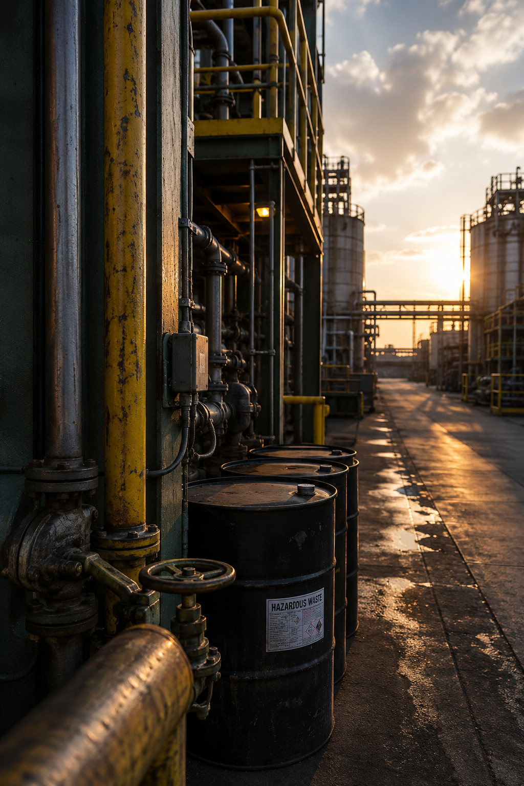 Industrial facility with pipes, barrels labeled hazardous waste, and storage tanks at sunset.