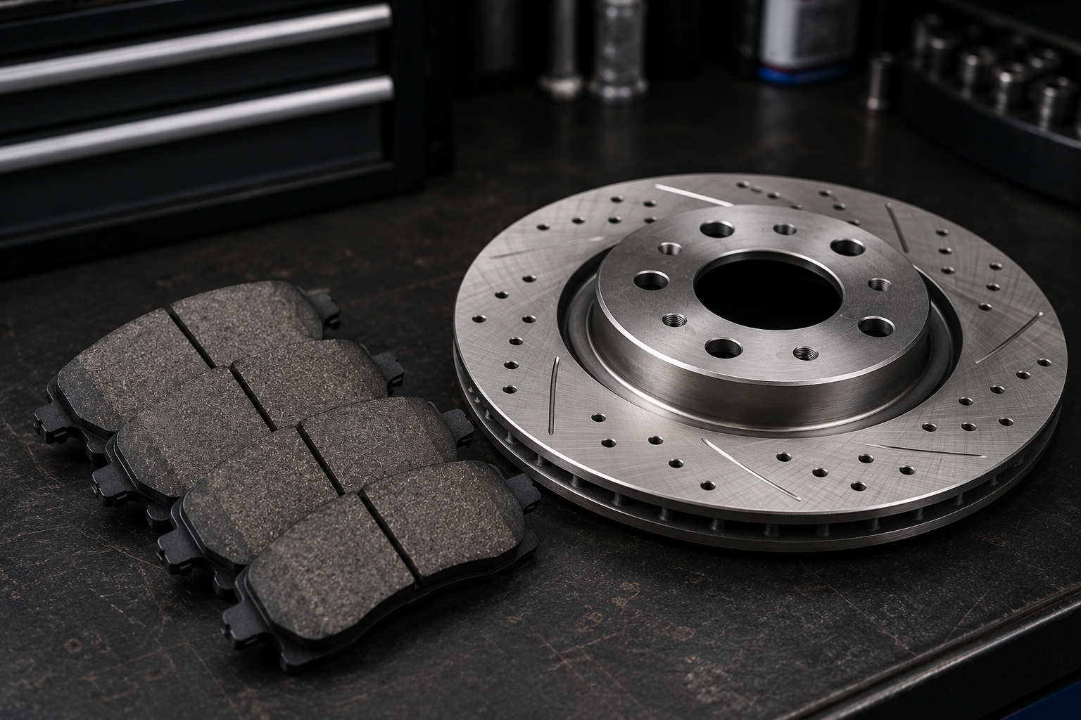 Automobile brake disc and brake pads on a workshop workbench.