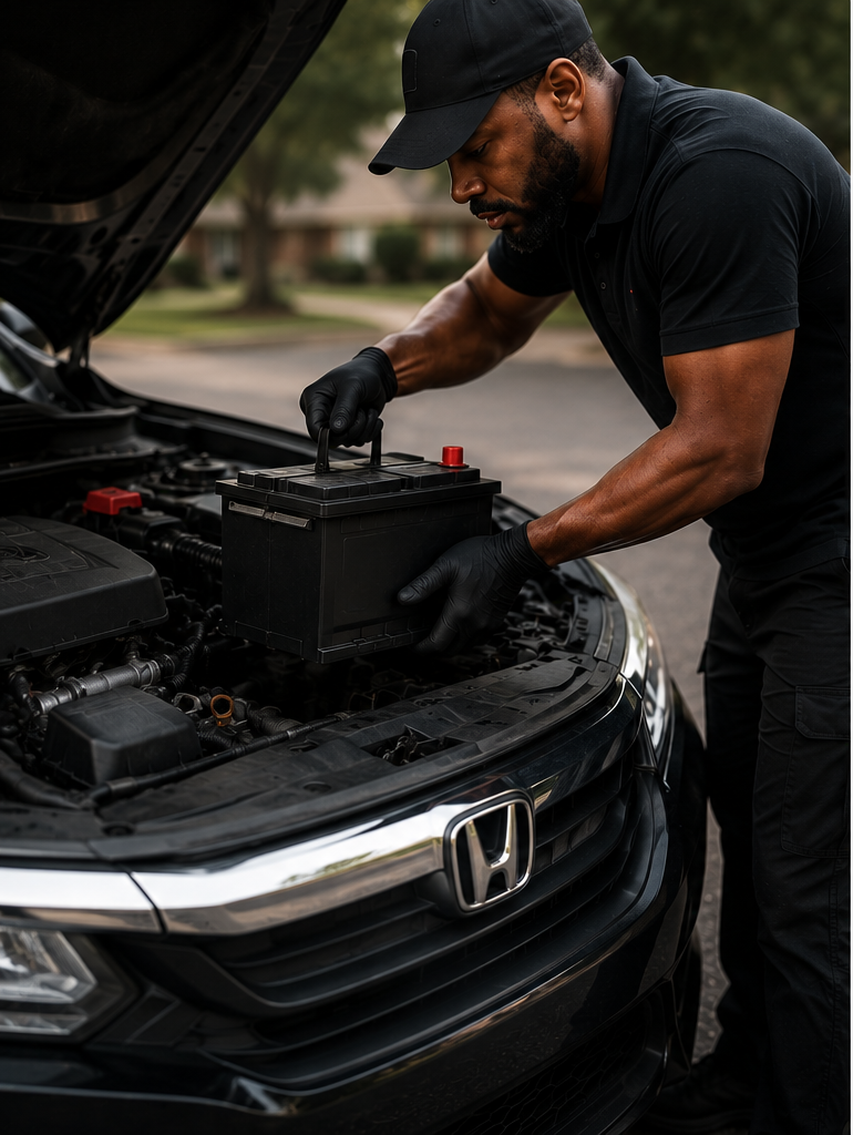 A man refilling a car's battery in the engine bay, with the car's hood open, in a suburban neighborhood.