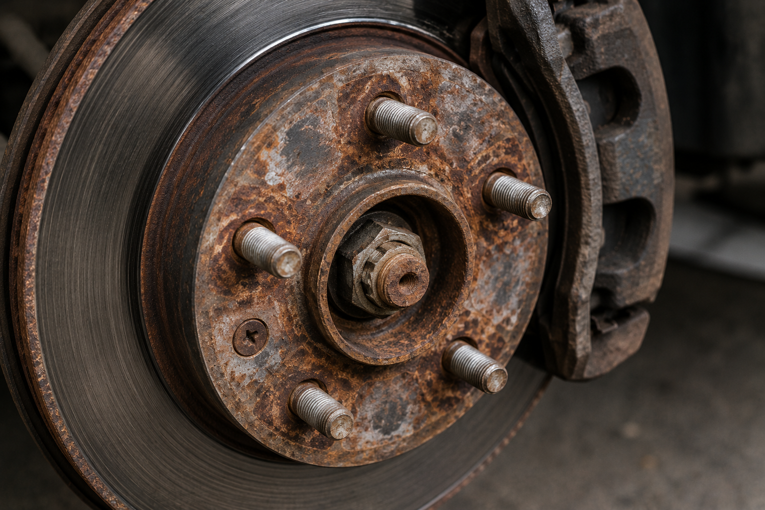 Close-up of a rusty car brake rotor and wheel hub with five wheel studs