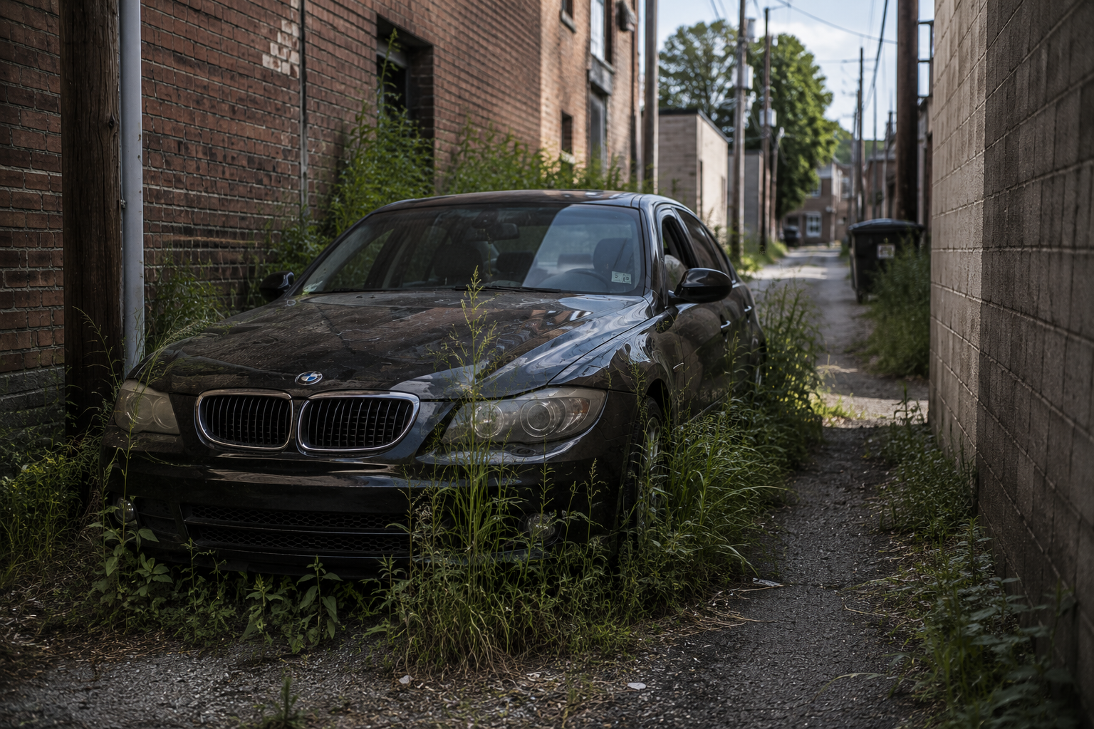 An abandoned black BMW car is parked in an alleyway overgrown with weeds, flanked by brick and concrete walls, with other buildings and trash bins visible in the background.