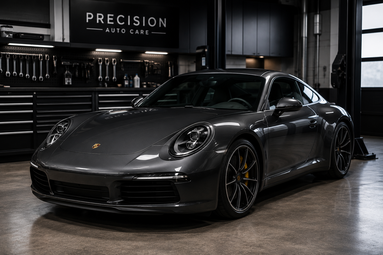 A black Porsche 911 sports car parked inside a modern auto repair shop with tools on the wall and the sign 'Precision Auto Care' in the background.