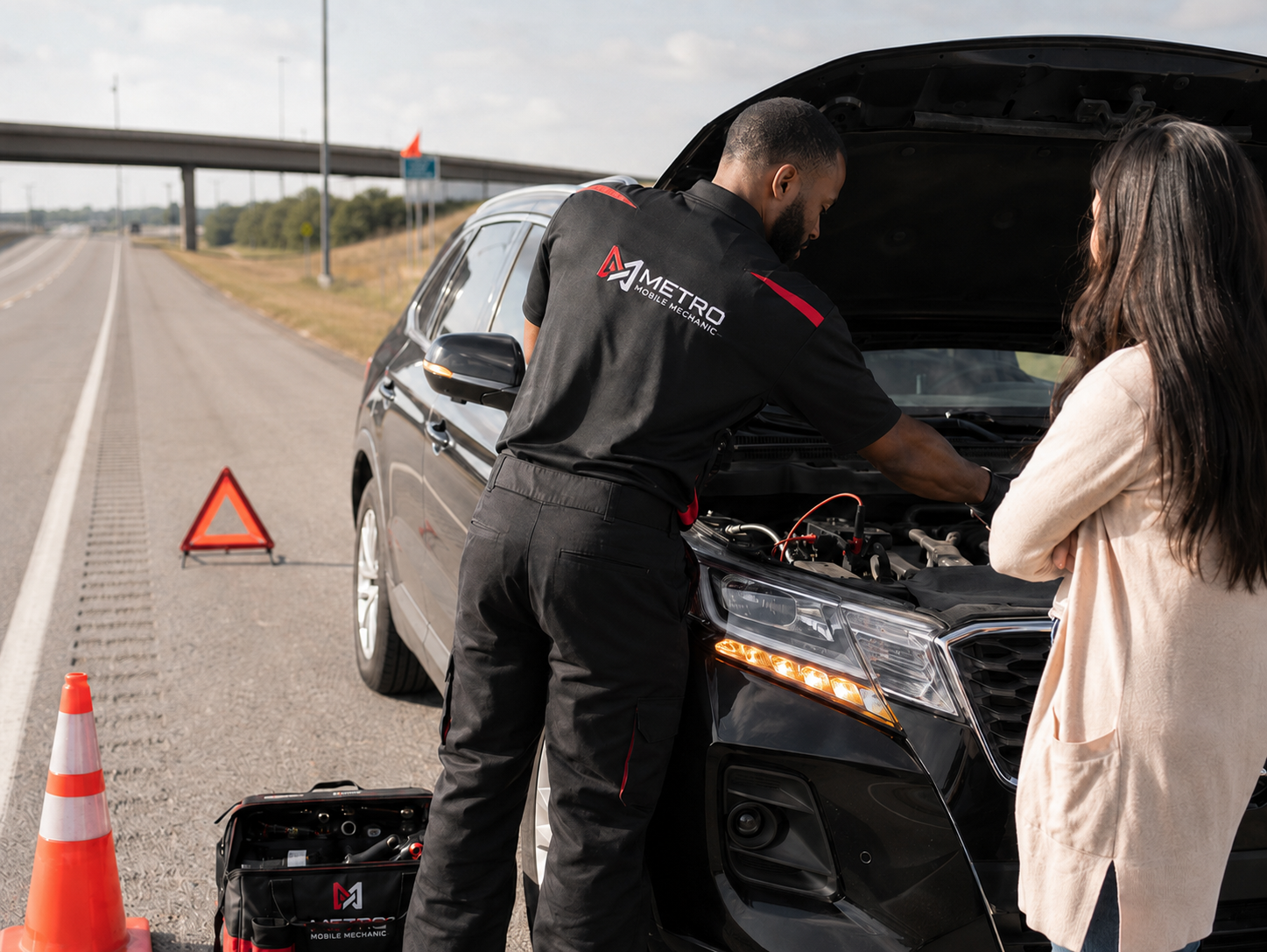 A mechanic with a uniform that says 'AMETRO MOBILE MECHANIC' is repairing a black car on the side of the road with the hood open, while a woman observes. There are traffic cones and a warning triangle set up nearby.