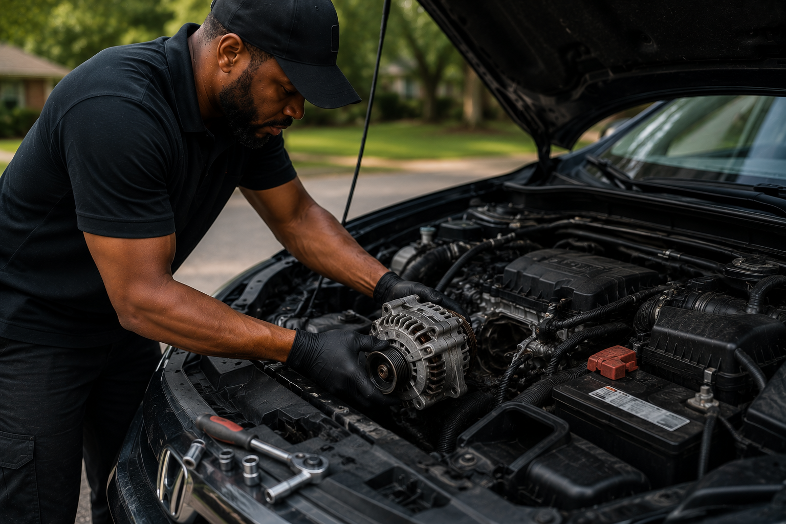 A man wearing black gloves and a black cap repairing a car engine with the hood open in a residential neighborhood.