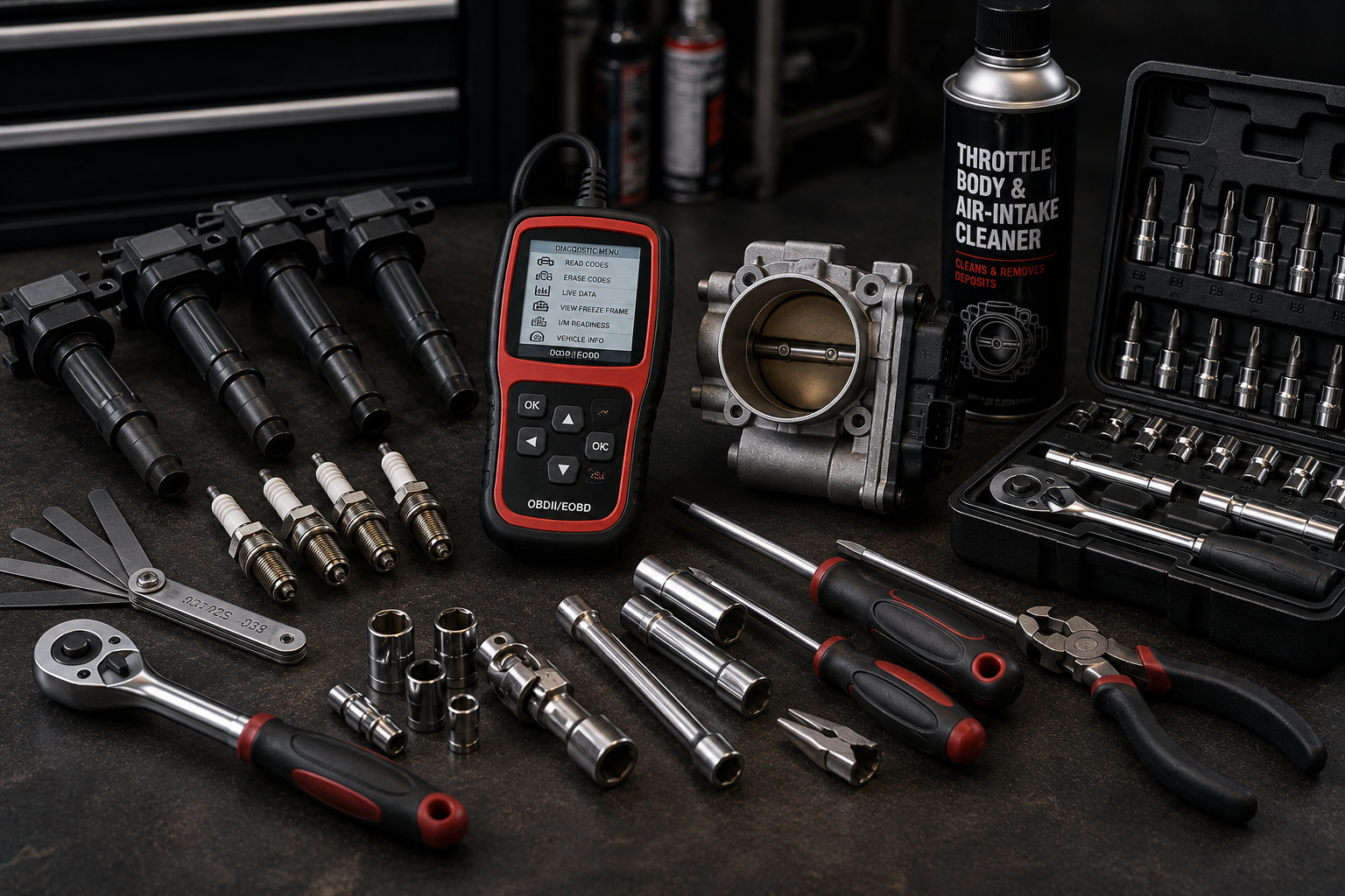 Automotive diagnostic tools and car maintenance equipment, including a scan tool, spark plugs, socket wrenches, screwdrivers, a throttle body, and a can of throttle body and air intake cleaner on a workbench.