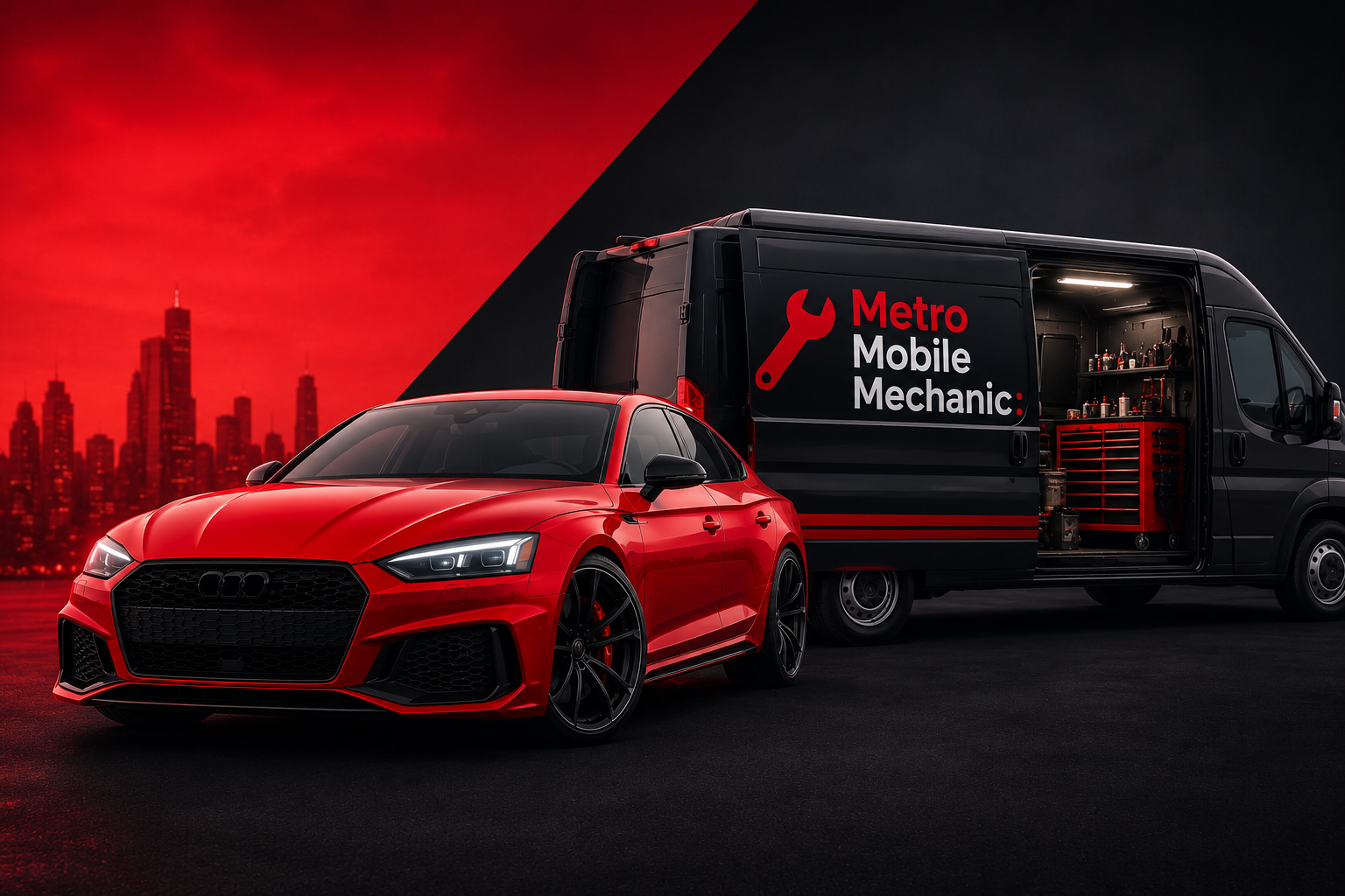 A red sports car parked in front of a black mobile vehicle repair van with the words 'Metro Mobile Mechanic' and a wrench logo, against a city skyline with a red-tinted sky.
