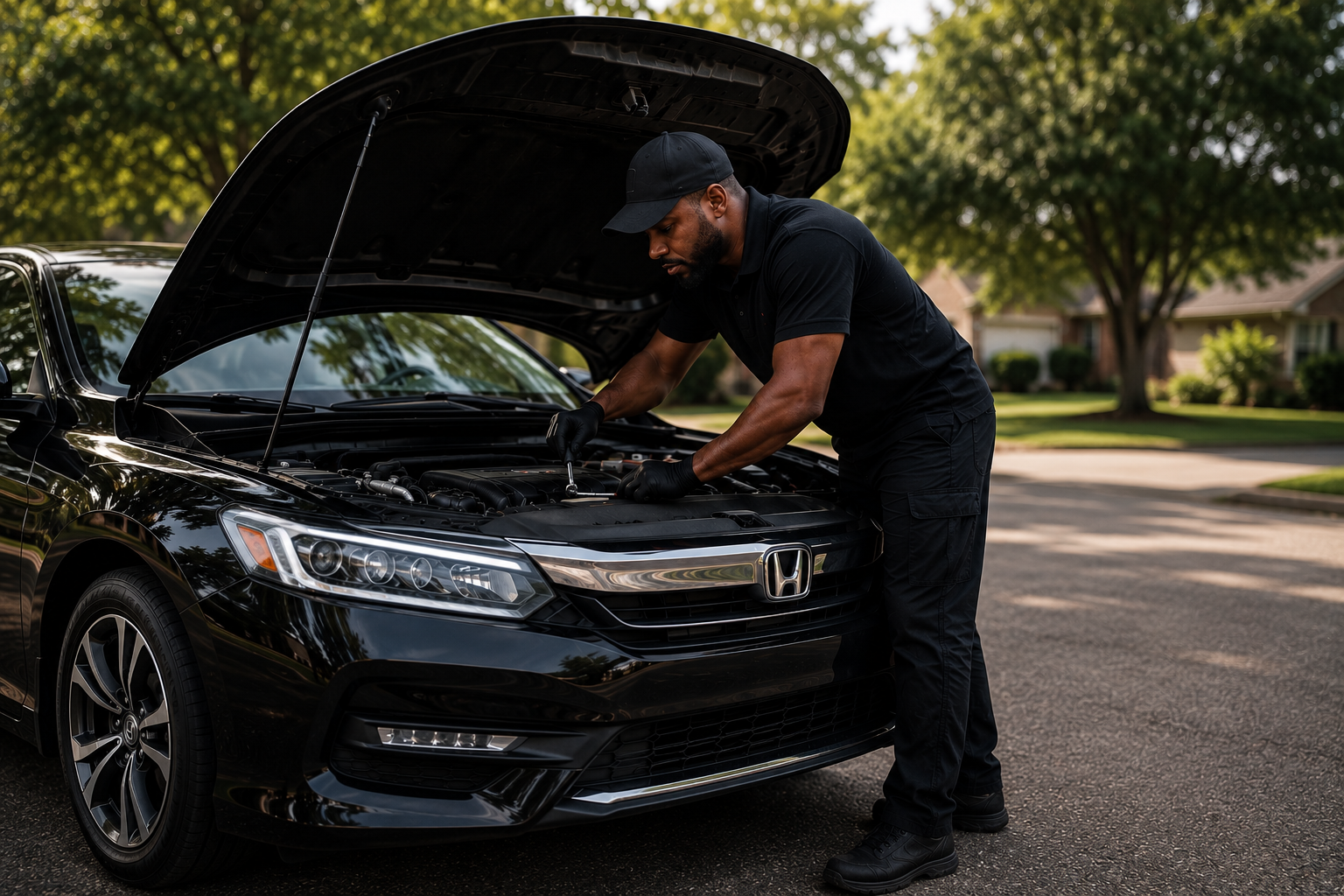 A man inspecting the engine of a black Honda car with the hood open in a residential neighborhood.