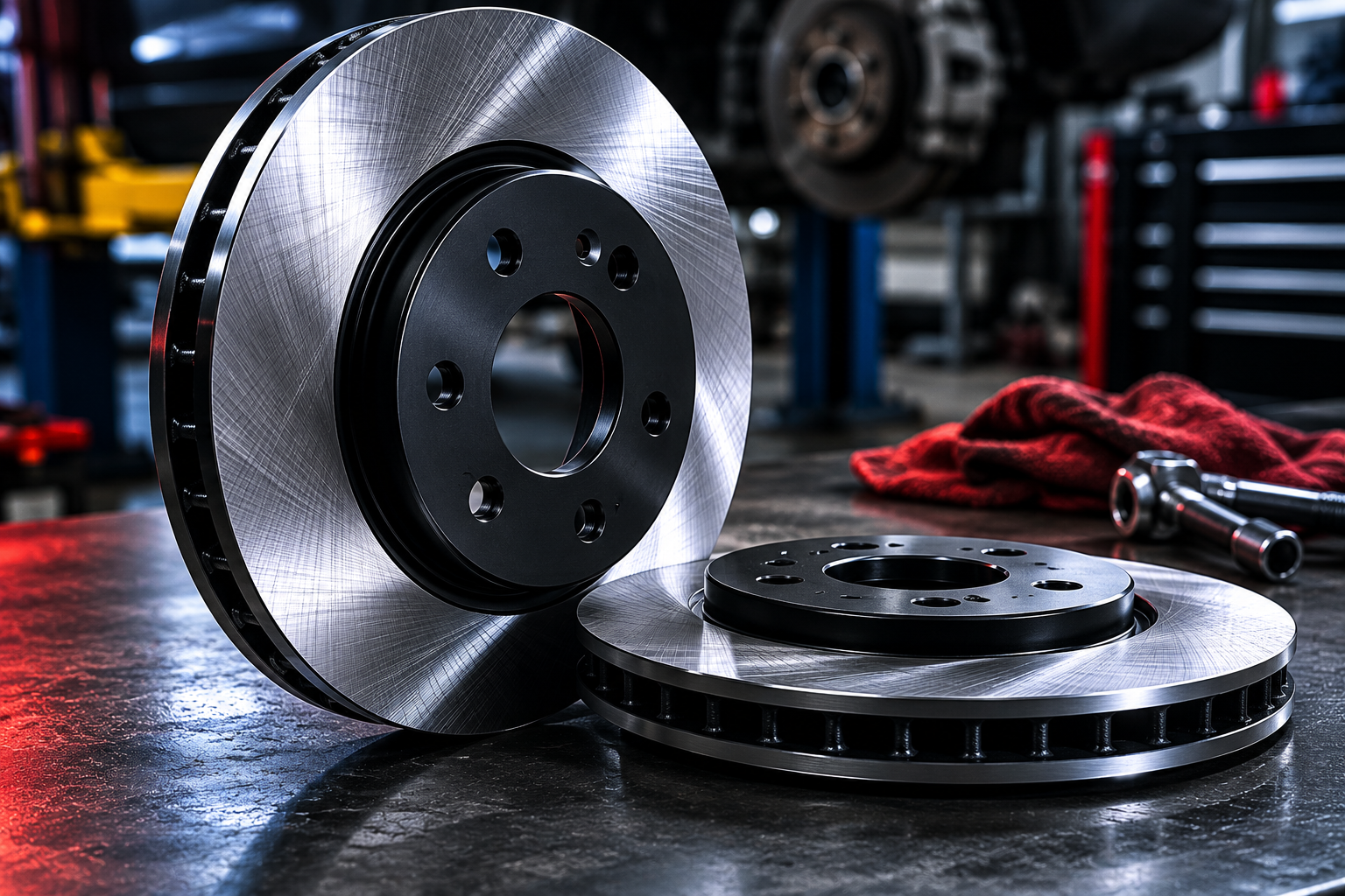 Close-up of two car brake rotors on a workshop table with tools and red cloth in background.