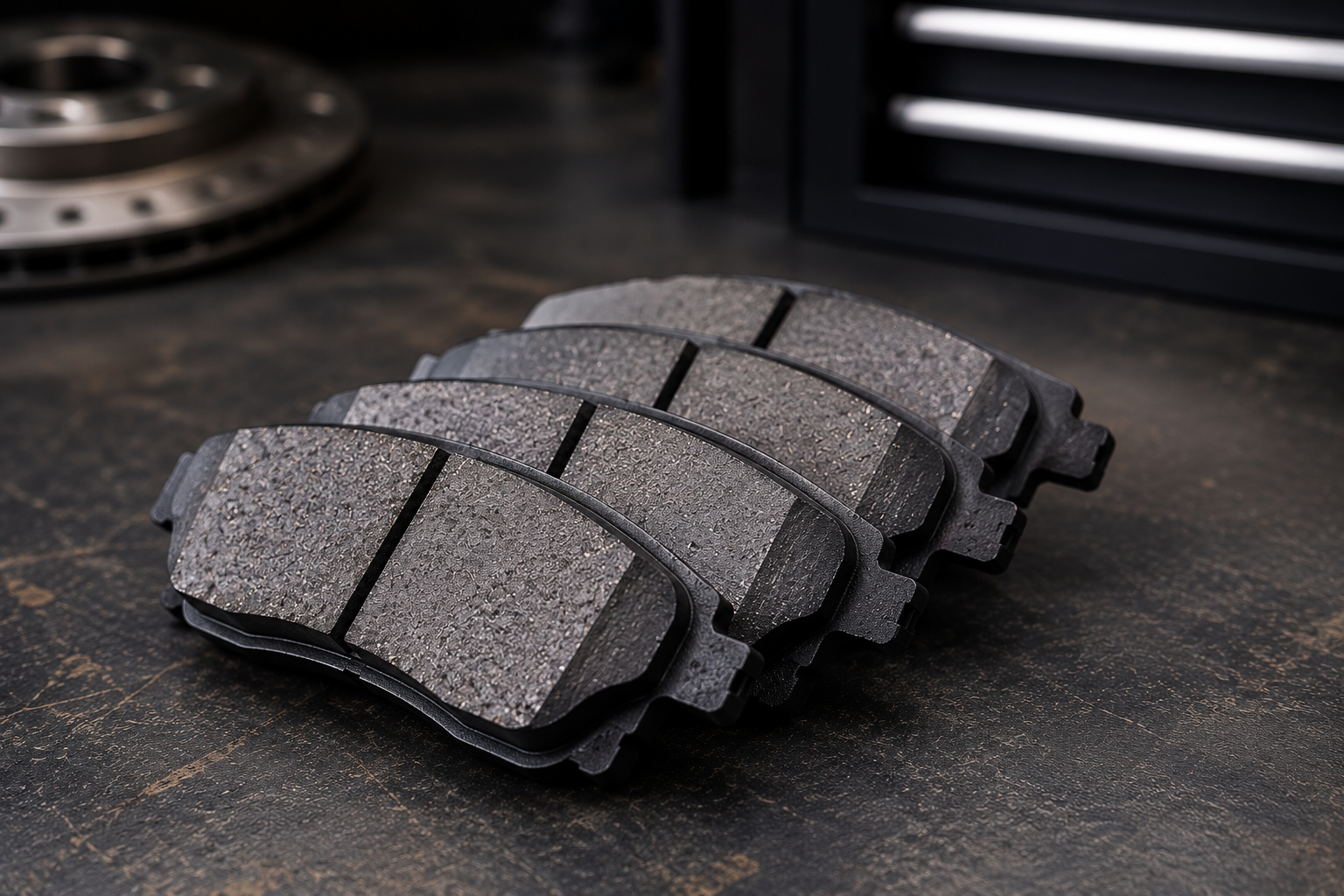 A set of four vehicle brake pads placed on a dark workbench surface.