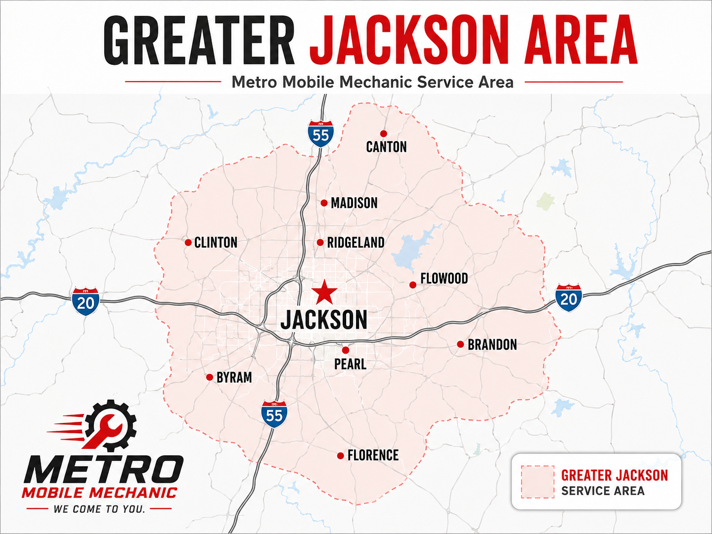 Map of Greater Jackson Area showing service area boundary, city names including Jackson, Canton, Madison, Ridgeland, Pearl, Florence, Brandon, Flowood, and Byram. Major highways I-55 and I-20 marked, and Metro Mobile Mechanic logo with tagline.