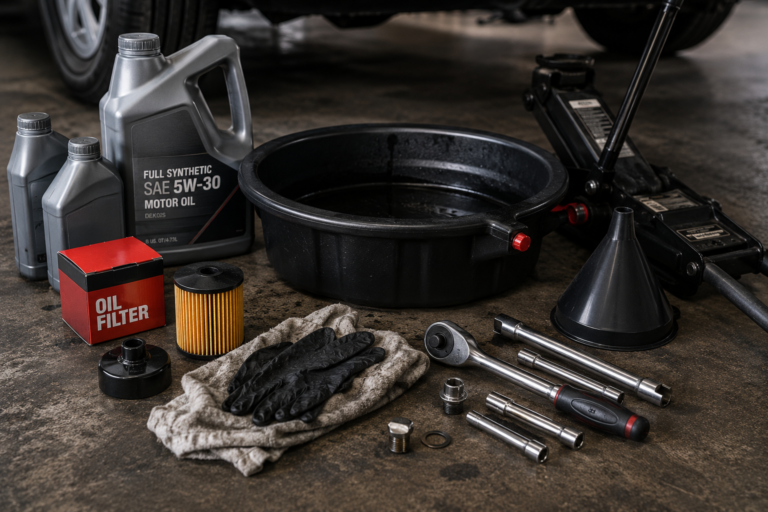 Automotive repair tools and supplies including motor oil, oil filter, socket wrenches, ratchet, oil drain pan, funnel, gloves, and other maintenance equipment arranged on a concrete floor.