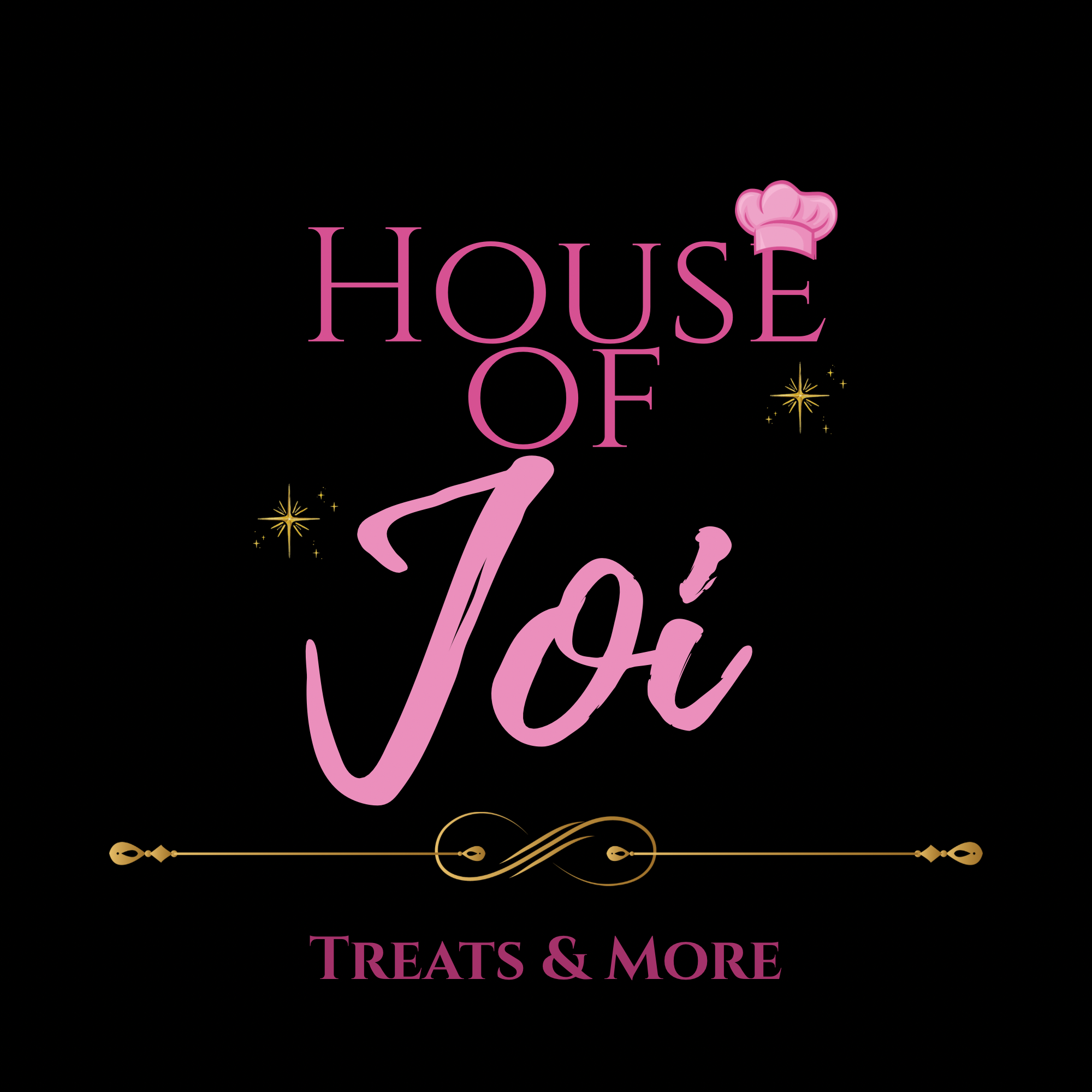 Decorative text reading 'House of Treats & More' with pink chef hat above 'House', gold sparkles around, black background