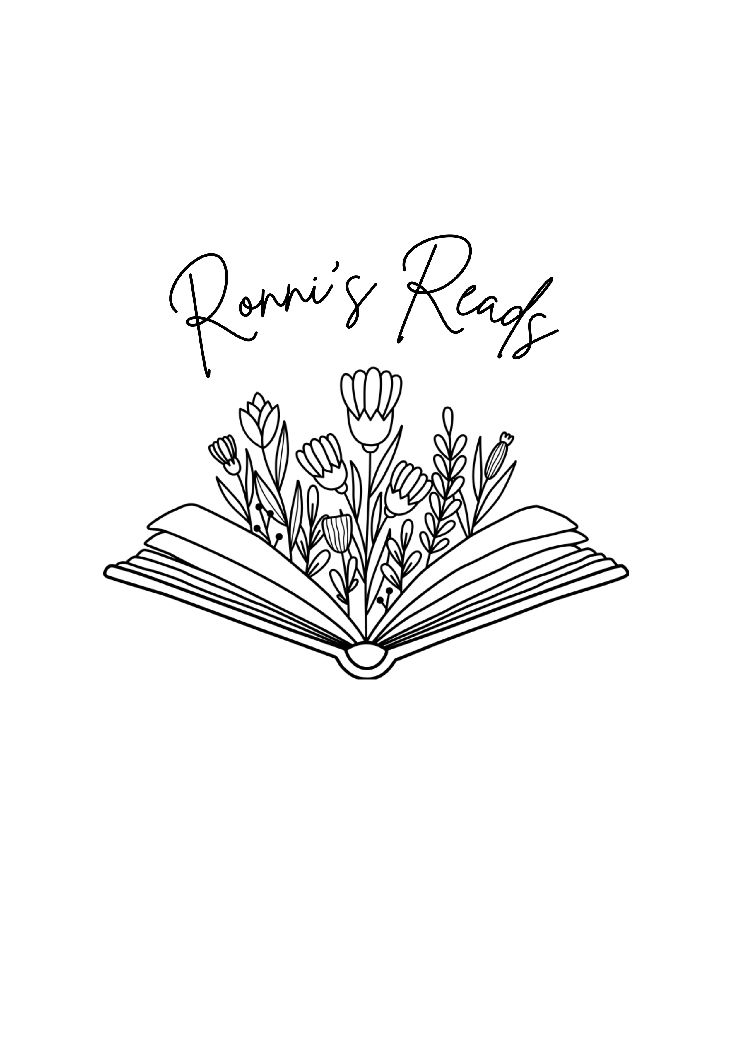 A black and white line drawing of an open book with flowers growing out of its pages. The text 'Ronni's Reads' in a cursive font appears above the flowers.
