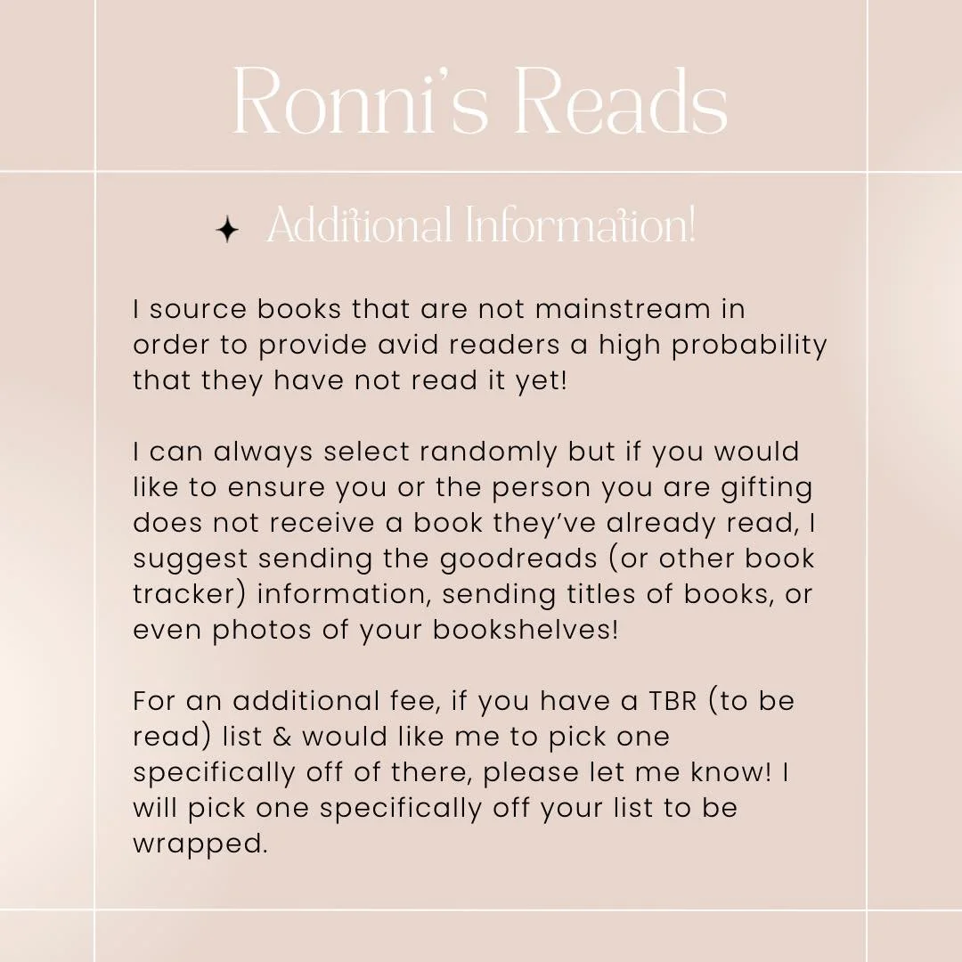 Text explaining Ronni's Reads additional information about sourcing books not mainstream, sending book titles or photos, and choosing a TBR list for gift-giving.
