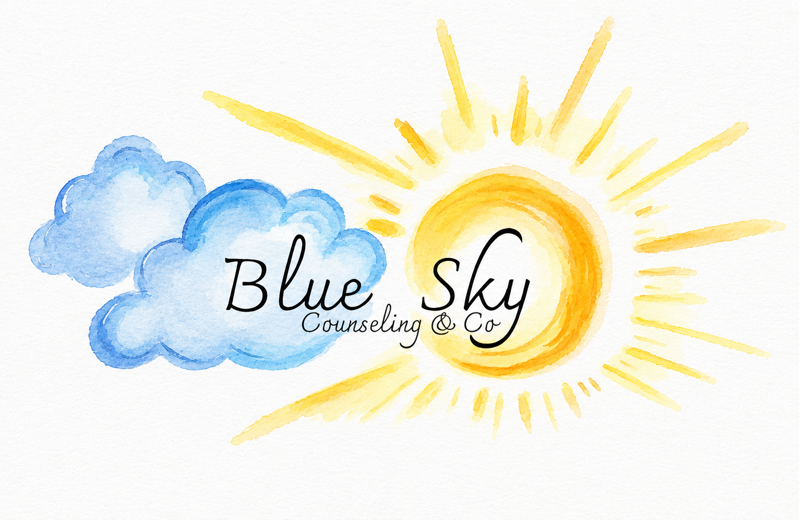 Watercolor illustration of blue clouds and a yellow sun, with the text 'Blue Sky Counseling & Co' written over the clouds and sun.