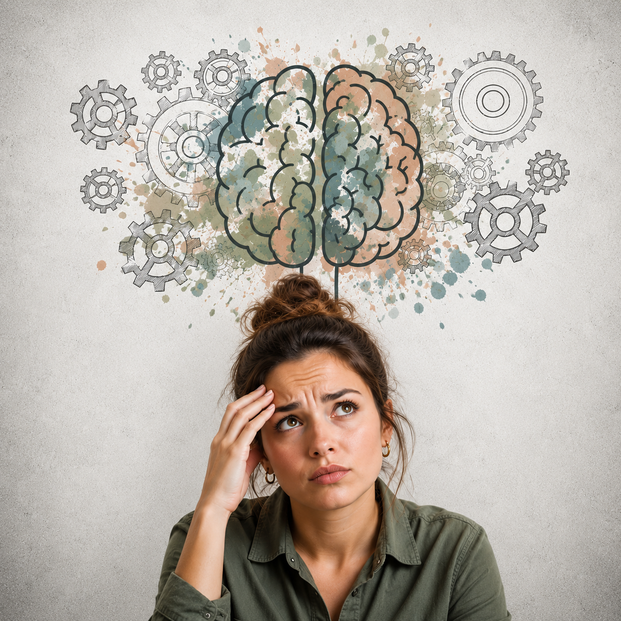 Woman experiencing stress with a graphic of 'overthinking' above her head